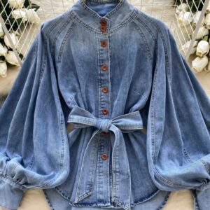 Women's Belted Oversized Button-Front Denim Shirt