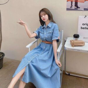 Women's Casual Loose Denim Shirt Dress with Belt