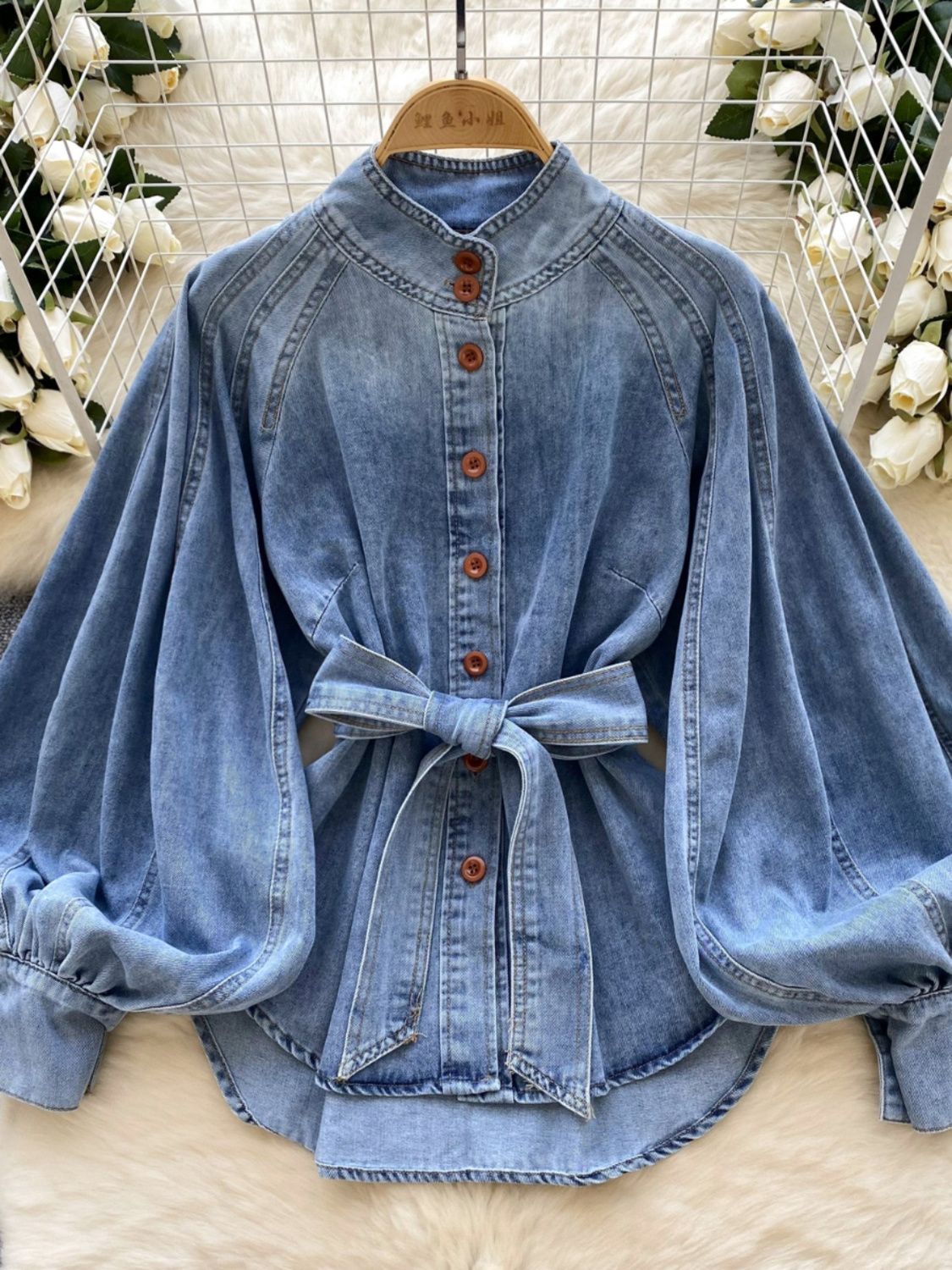Women's Belted Oversized Button-Front Denim Shirt