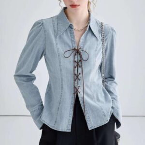 Women's Lace-Up Front Long Sleeve Chambray Shirt