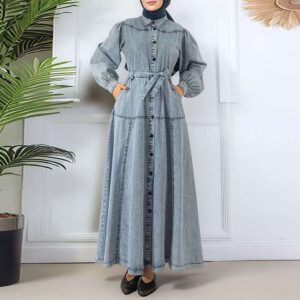Women's Casual Loose Denim Shirt Dress with Belt